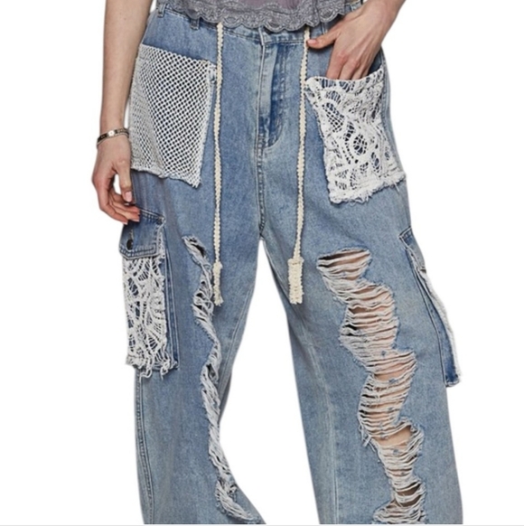 POL Blue Denim Crochet Distressed Oversized Jogger Jeans - Picture 2 of 4